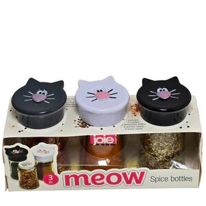 Joie Meow Cat Spice Jar Set 3pc Black White Gray Kitchen Storage NWT